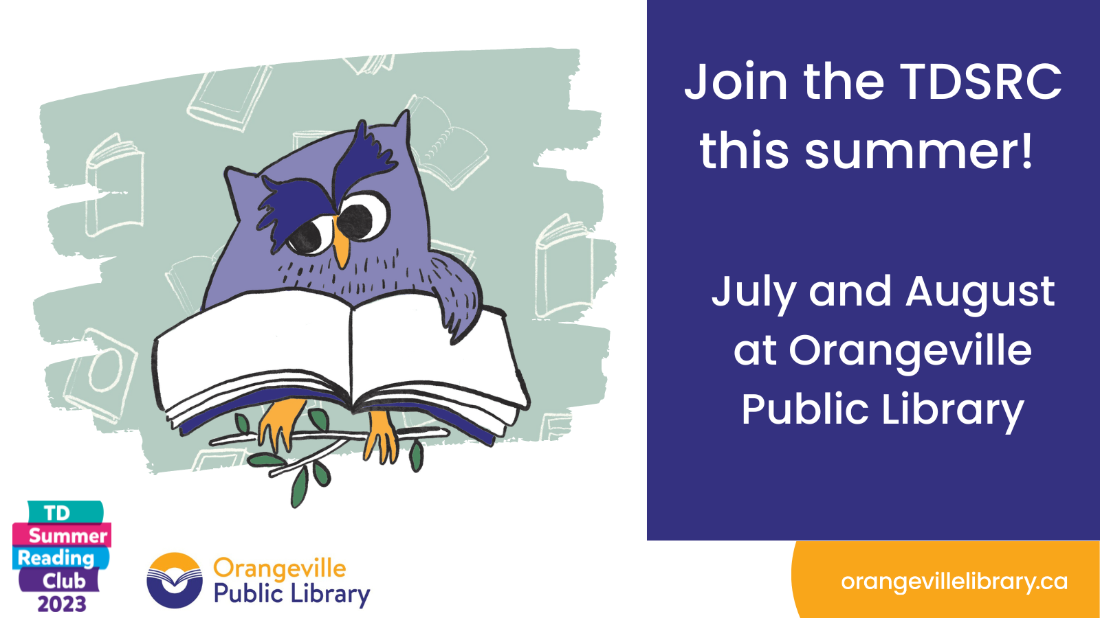 graphic of owl reading a book with TD Summer Reading Club and Library logo