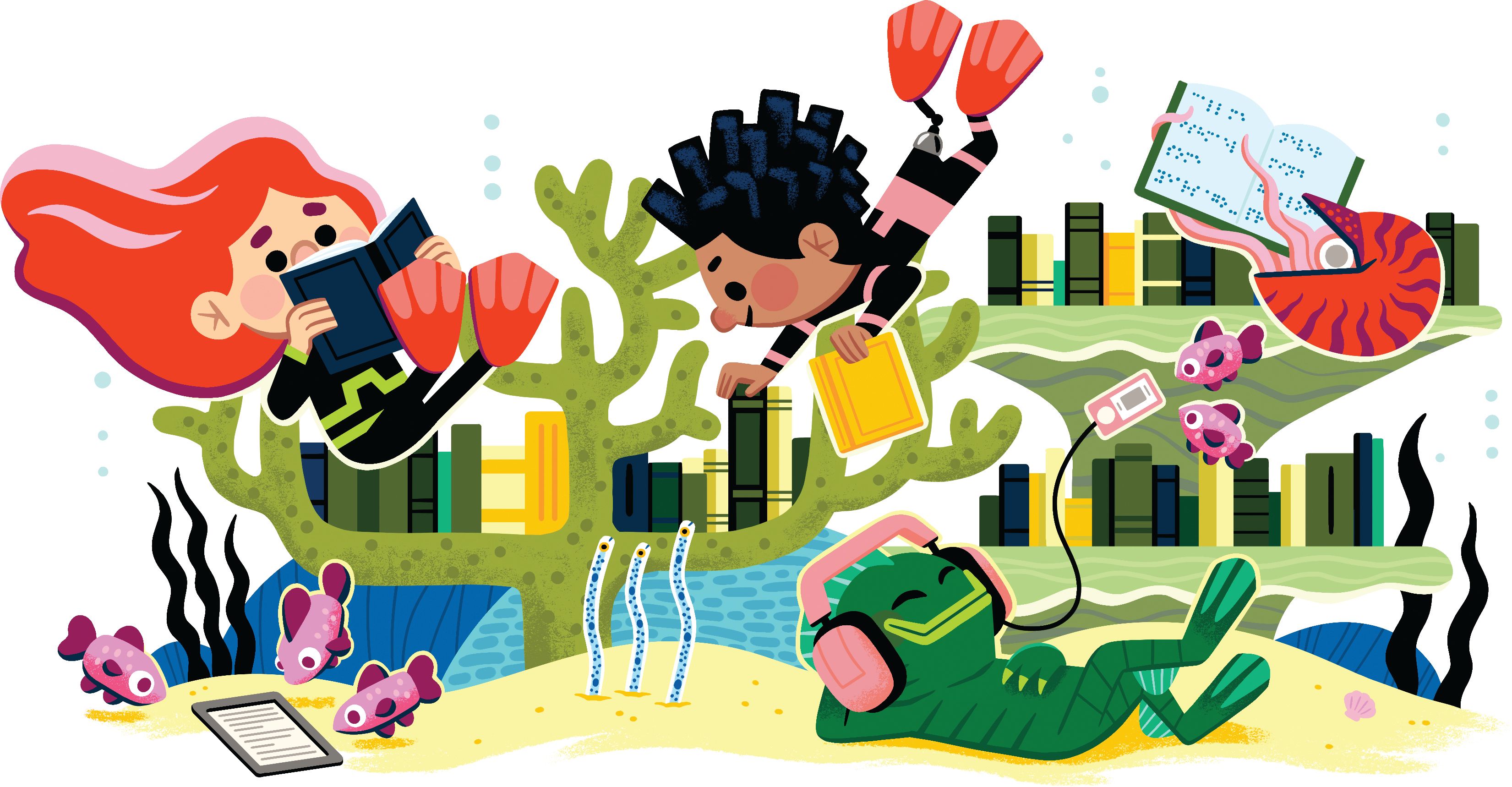 TDSRC graphic underwater theme girl and boy swimming and reading underwater