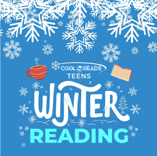 Teen Winter Reading on a blue background woth white snowflakes